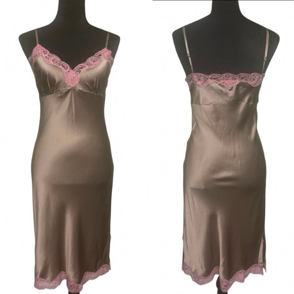 NWT - Gold Hawk Brown-Pink Razer Silk Slip Midi Dress